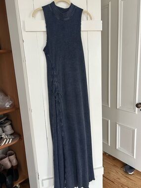 Free People Dark Navy Sleeveless Knit Maxi Dress w/ Side Lace-Up 56” to shoulder